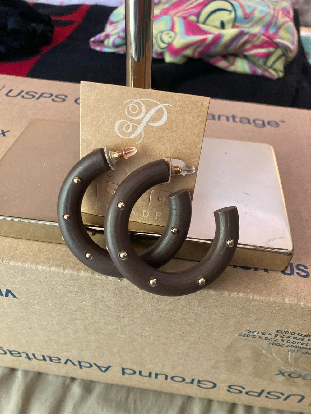 Plunder Brown Wooden Hoop Earrings with Gold Studs